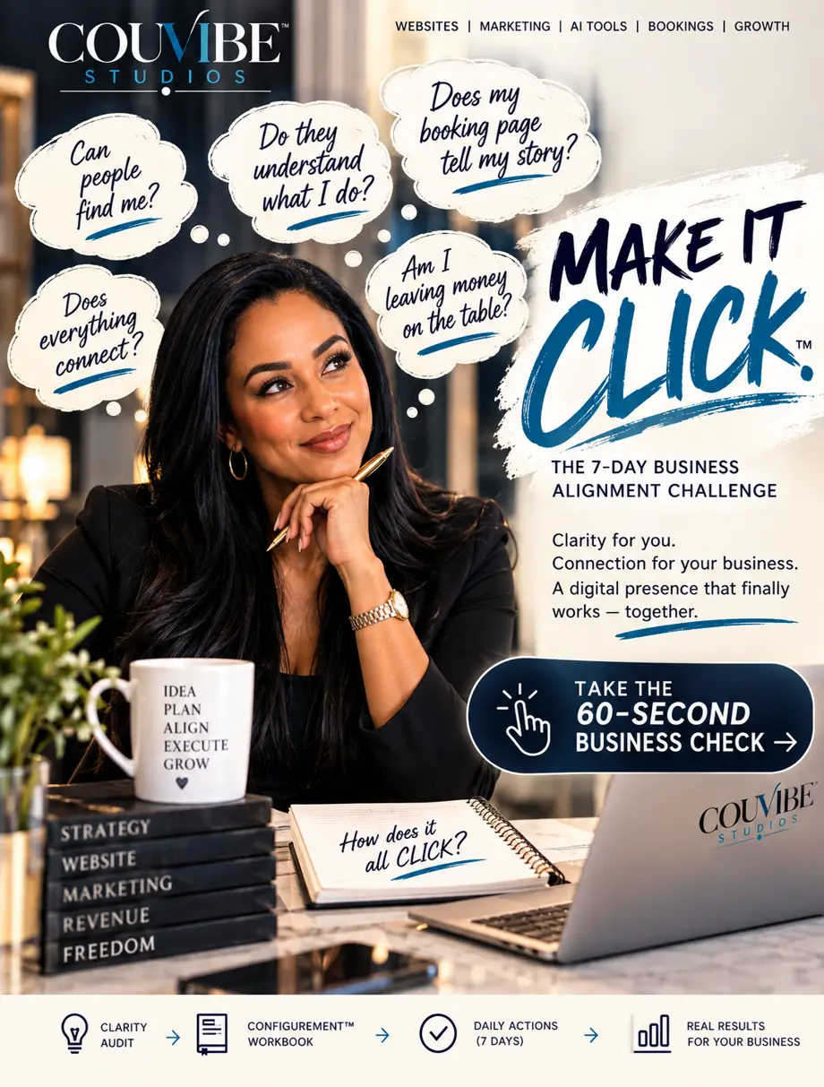 Kim Jones at her desk surrounded by thought bubbles asking can people find me, do they understand what I do and does everything connect, beside the words Make It Click, the 7-day business alignment challenge.