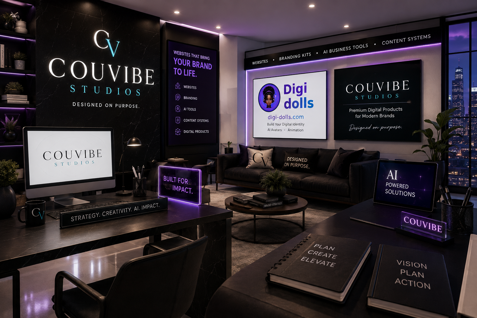 Couvibe Studios boardroom with Digi Dolls and Couvibe presentations