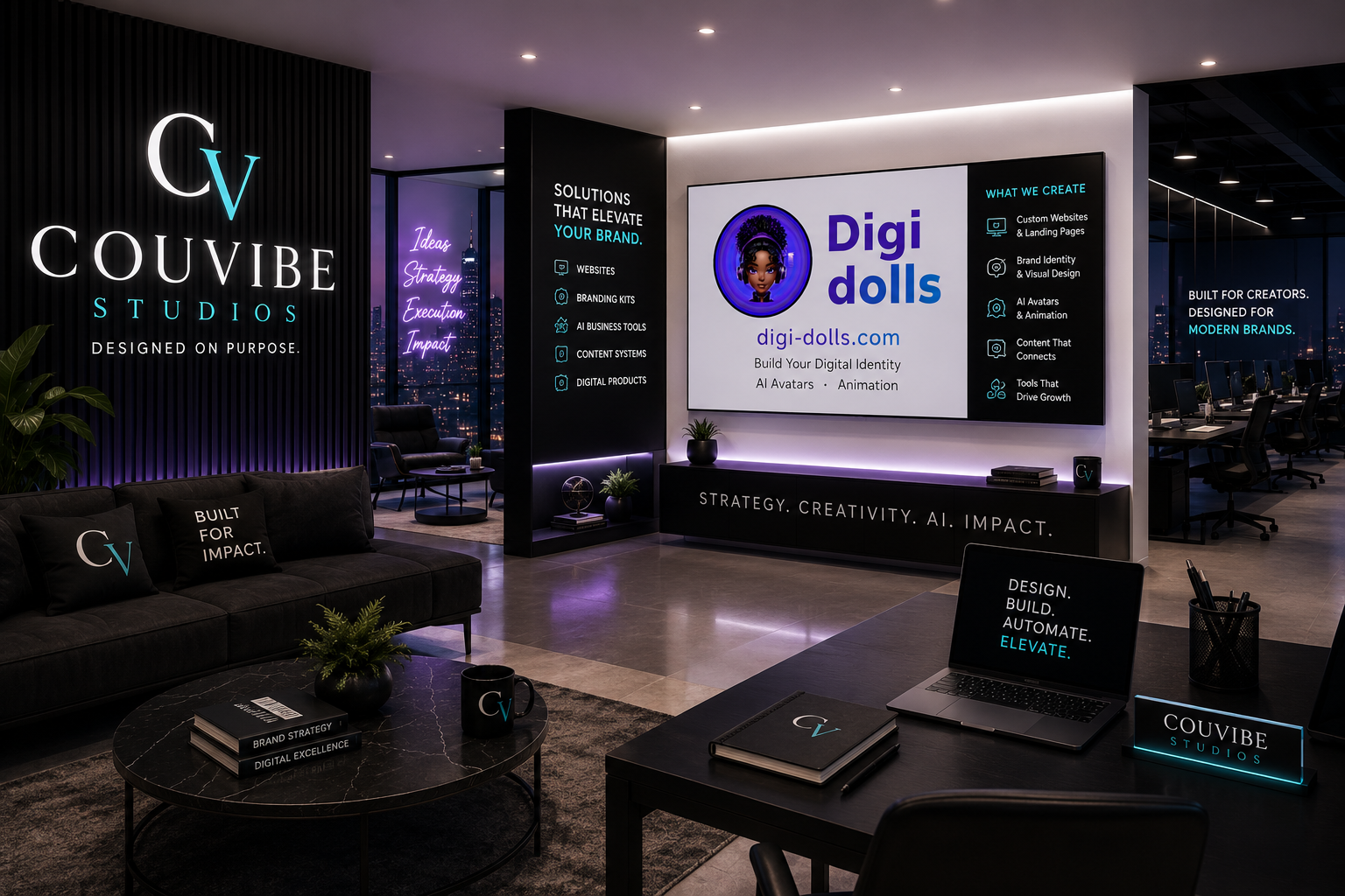 Couvibe Studios digital showroom with branded screens and strategy materials